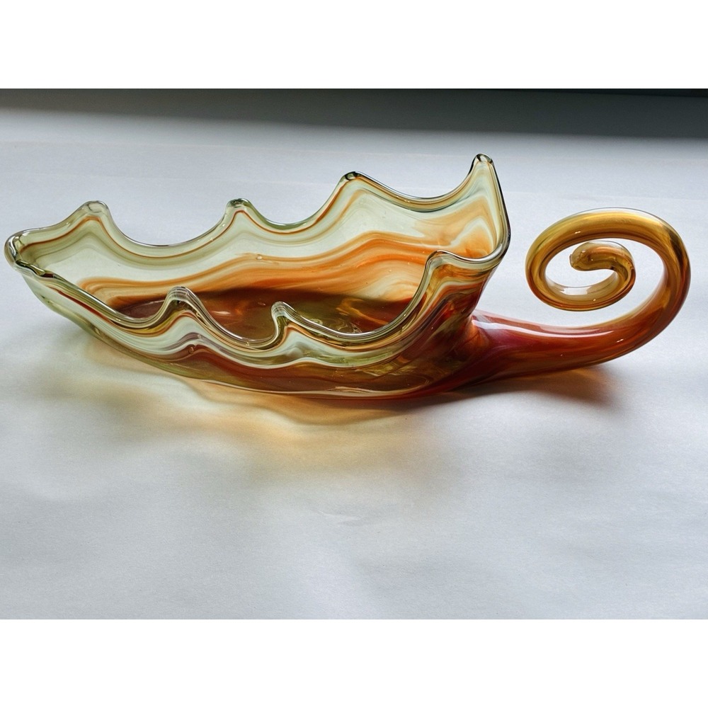 Vintage Hand Blown Leaf Art Glass Bowl Dish 15" Art Deco Brown/orange Candy Dish